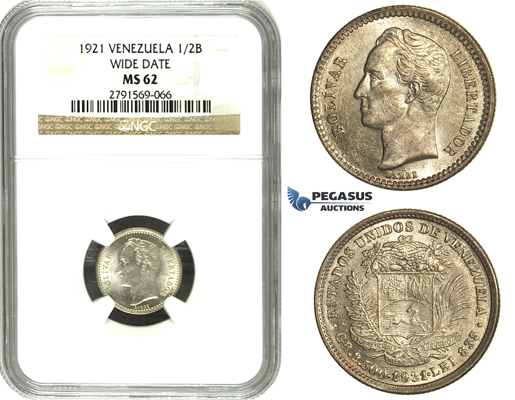 N69, Venezuela, 1/2 Bolivar 1921 Wide Date, Silver, NGC MS62, Rare!