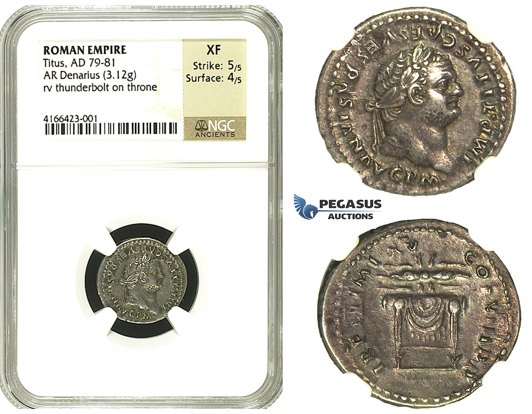 N70, Roman Empire, Titus (79-81 AD) AR Denarius (3.12g) Struck 80 AD, Rome, Thunderbolt, NGC XF 5/5, 4/5