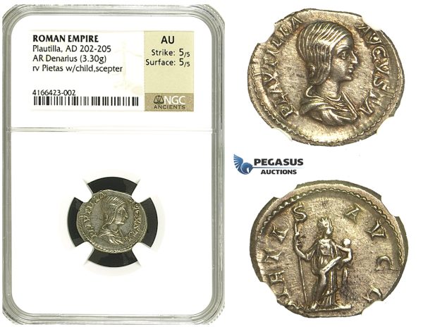 N71, Roman Empire, Plautilla (202-205 AD) AR Denarius (3.30g) Struck 203 AD, Rome, Pietas, NGC AU 5/5 5/5
