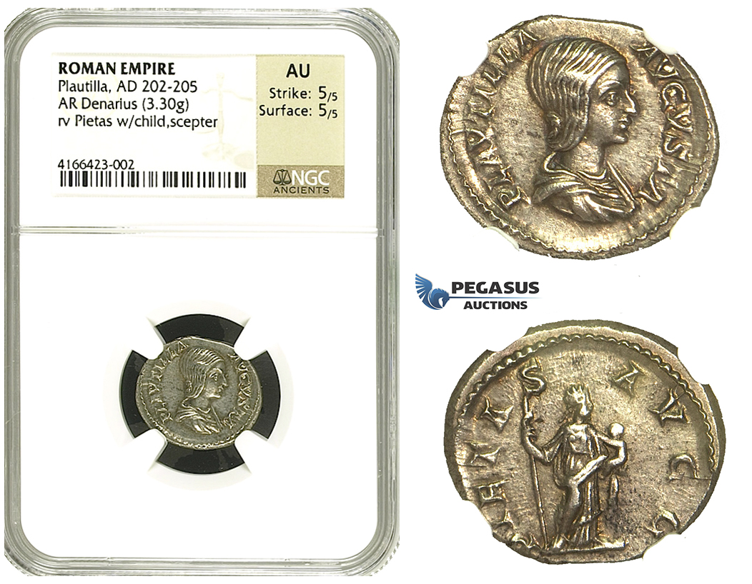 N71, Roman Empire, Plautilla (202-205 AD) AR Denarius (3.30g) Struck 203 AD, Rome, Pietas, NGC AU 5/5 5/5