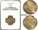 N80, Cyprus, George VI, 9 Piastres 1940, Silver, NGC MS63