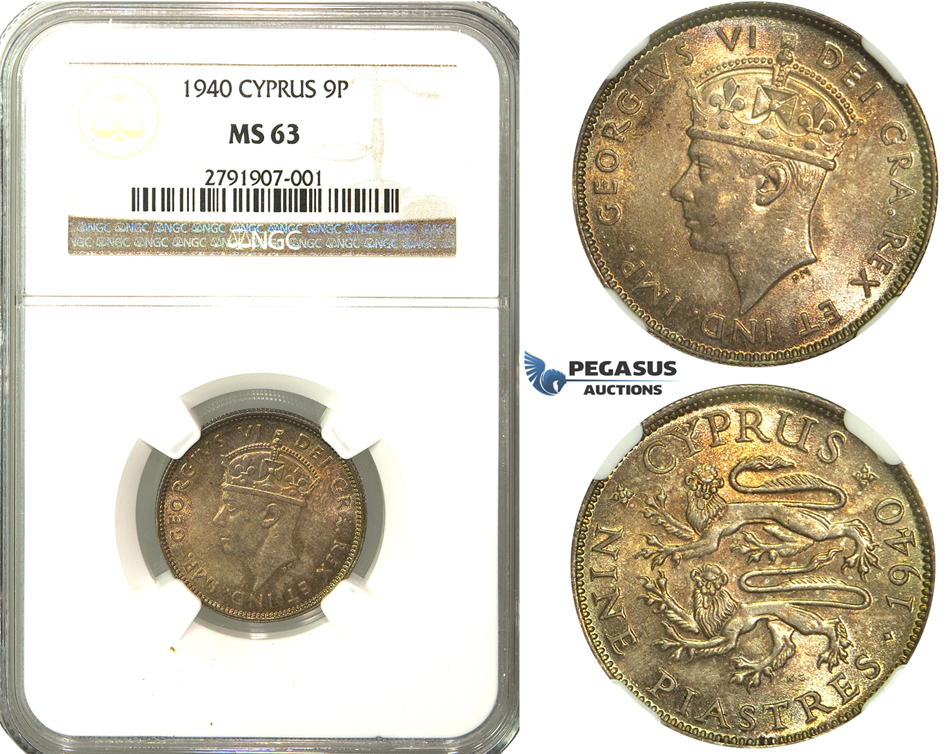 N80, Cyprus, George VI, 9 Piastres 1940, Silver, NGC MS63