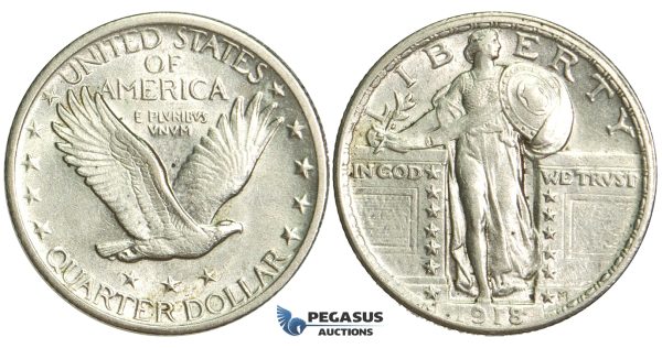 N93, United States, Standing Liberty Quarter (25C) 1918 Silver, "White"