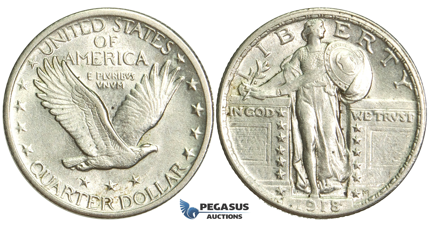 N93, United States, Standing Liberty Quarter (25C) 1918 Silver, "White"