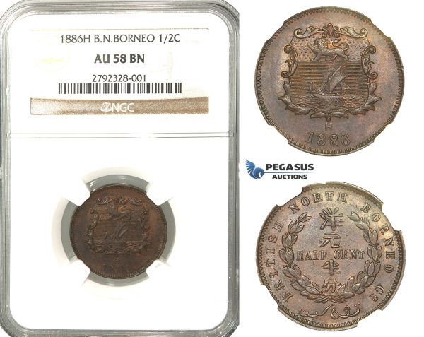 N99, British North Borneo, ½ Cent 1886-H, Heaton, NGC AU58BN