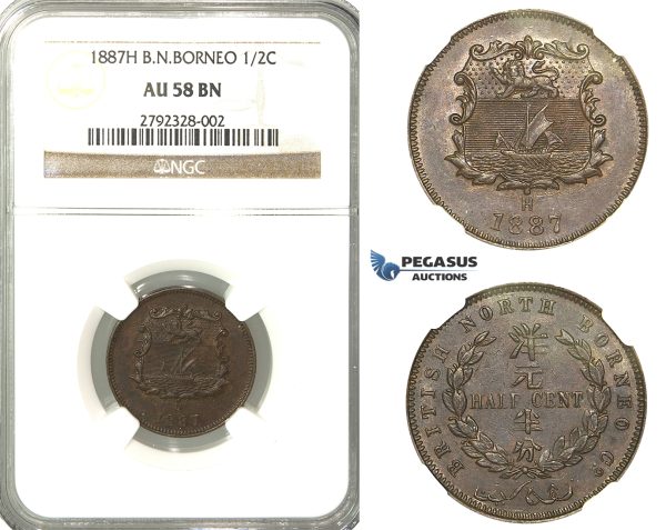 O01, British North Borneo, 1/2 Cent 1887-H, Heaton, NGC AU58BN