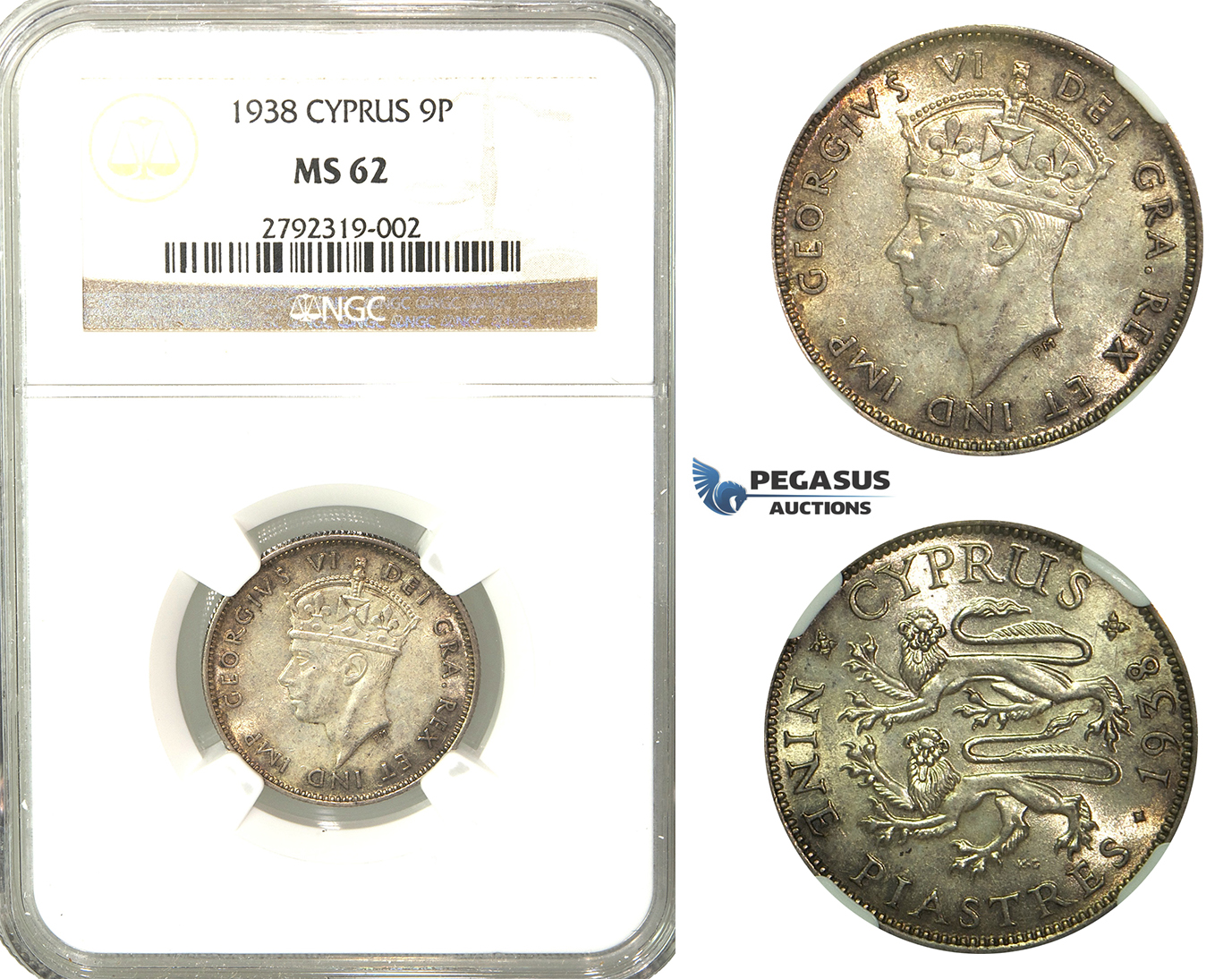 O05, Cyprus, George VI, 9 Piastres 1938, Silver, NGC MS62