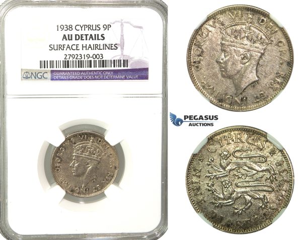 O06, Cyprus, George VI, 9 Piastres 1938, Silver, NGC AU Details
