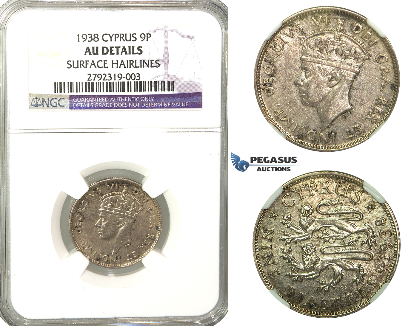 O06, Cyprus, George VI, 9 Piastres 1938, Silver, NGC AU Details