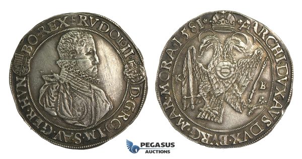 O11, Hungary, Rudolph II, Taler 1581 K-B, Kremnitz, Silver (28.36g) Dark toning, Die adjustment marks, scratched on Obv.