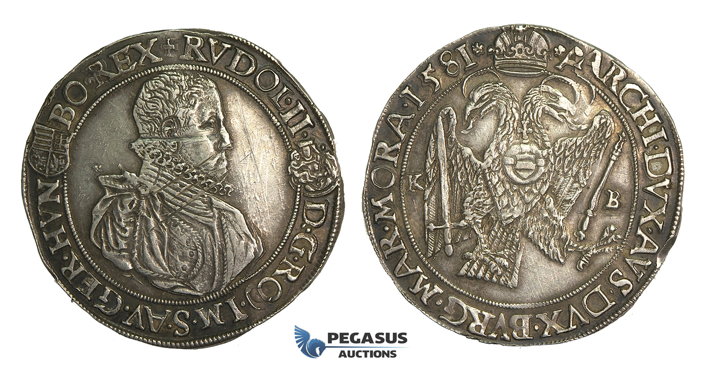 O11, Hungary, Rudolph II, Taler 1581 K-B, Kremnitz, Silver (28.36g) Dark toning, Die adjustment marks, scratched on Obv.