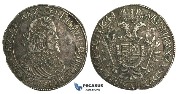 O12, Hungary, Ferdinand III, Taler 1648 K-B, Kremnitz, Silver (27.16g) Dark toning!