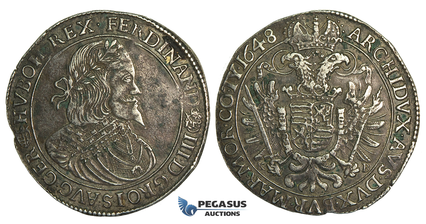 O12, Hungary, Ferdinand III, Taler 1648 K-B, Kremnitz, Silver (27.16g) Dark toning!