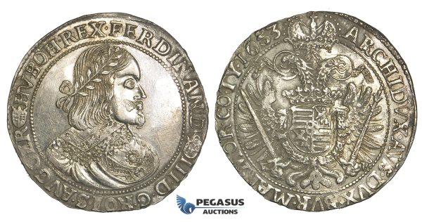 O13, Hungary, Ferdinand III, Taler 1653 K-B, Kremnitz, Silver (28.37g) Mint luster, High Grade! Rare condition!