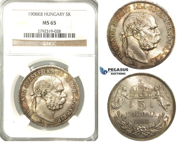 O15, Hungary, Franz Joseph, 5 Korona 1908 K-B, Kremnitz, Silver, NGC MS65 (Pop 1/2, No finer)