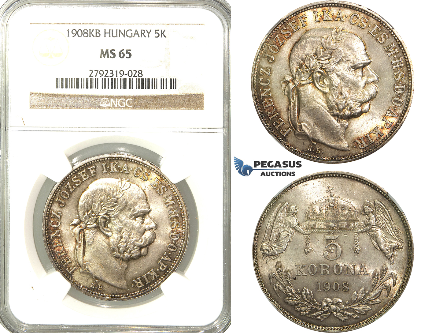 O15, Hungary, Franz Joseph, 5 Korona 1908 K-B, Kremnitz, Silver, NGC MS65 (Pop 1/2, No finer)