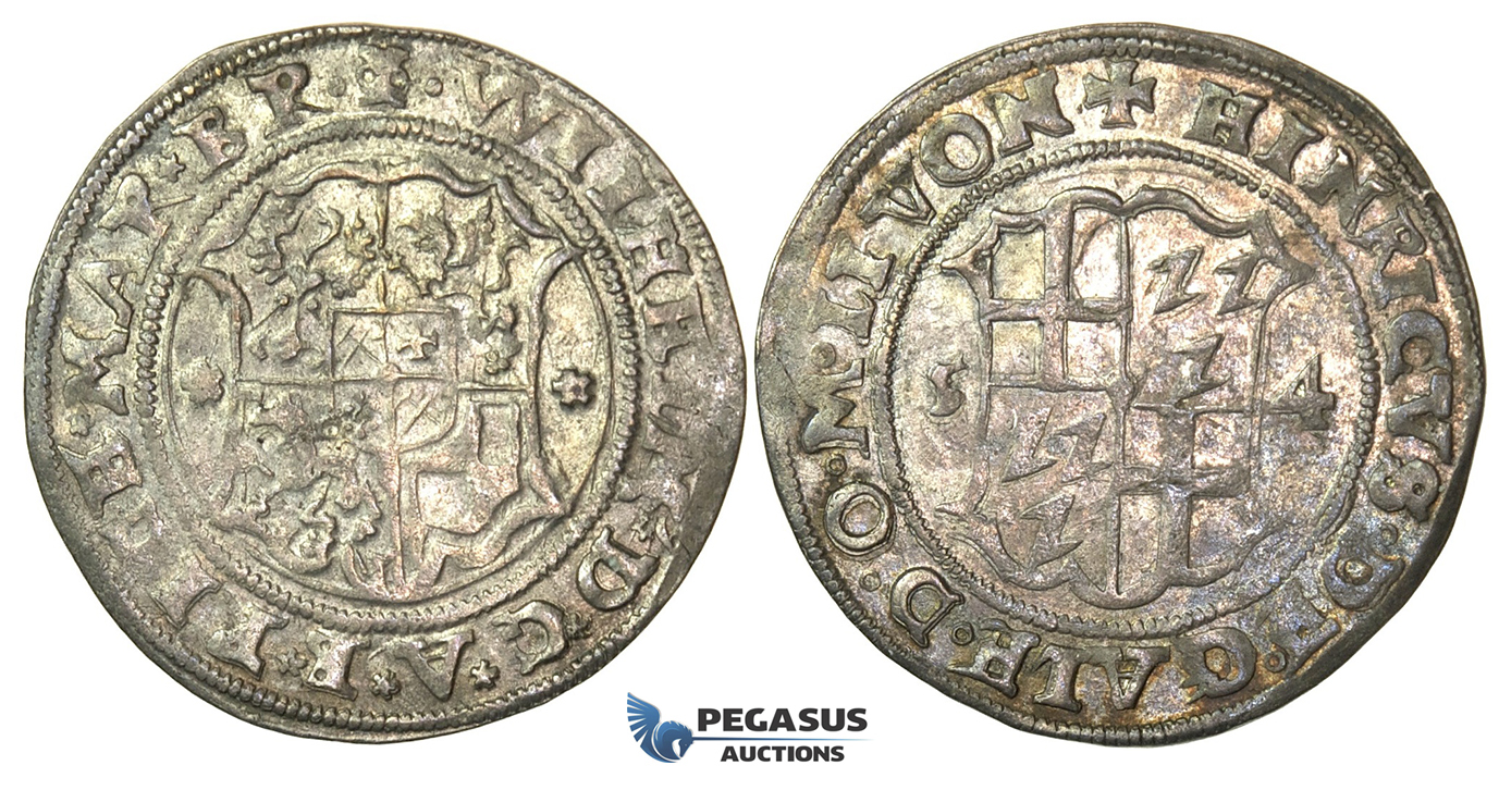 O150, Baltic Livonian Order, Riga, Henry of Galen and William of Brandenburg, 1/2 Mark 1554, Riga, Silver, Ex. Kieler Collection