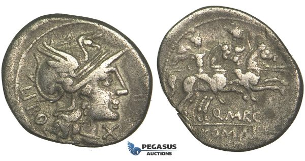 O42, Roman Republic, Q. Marcius Libo (148 BC) AR Denarius (3.54g) Rome, Dioscuri