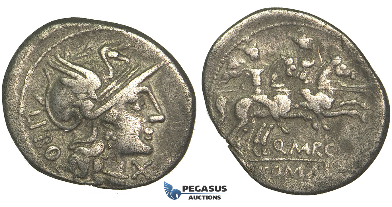 O42, Roman Republic, Q. Marcius Libo (148 BC) AR Denarius (3.54g) Rome, Dioscuri