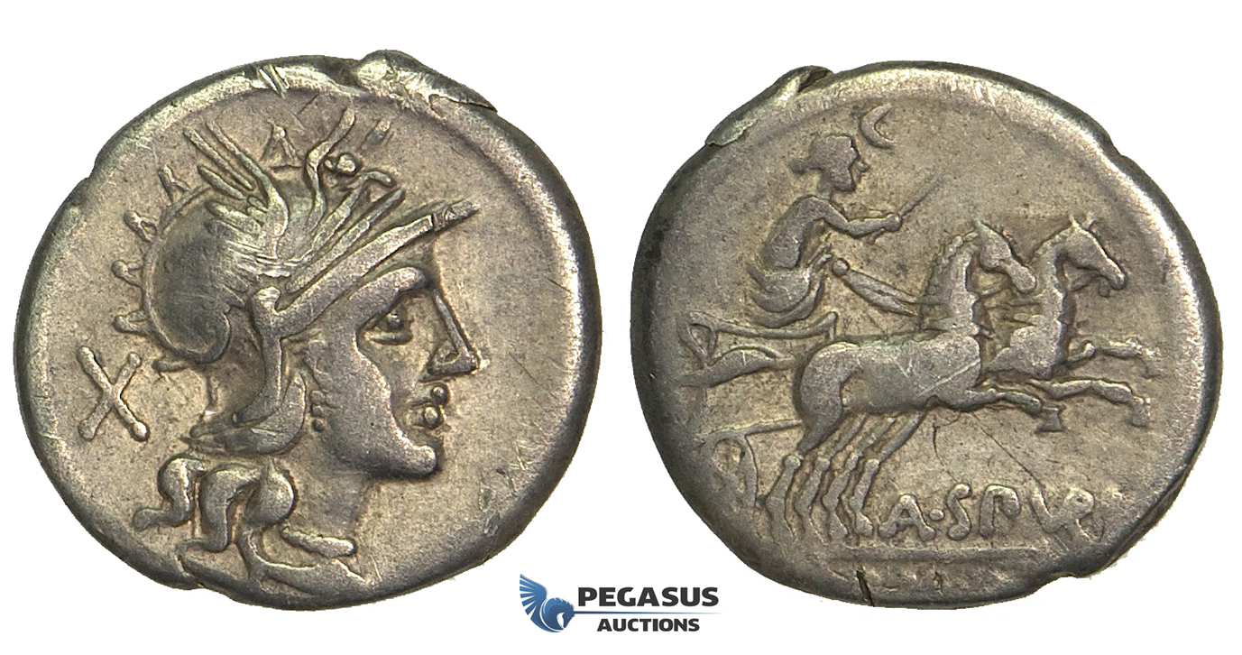 O43, Roman Republic, A. Spurilius (139 BC) AR Denarius (3.79g) Rome, Biga