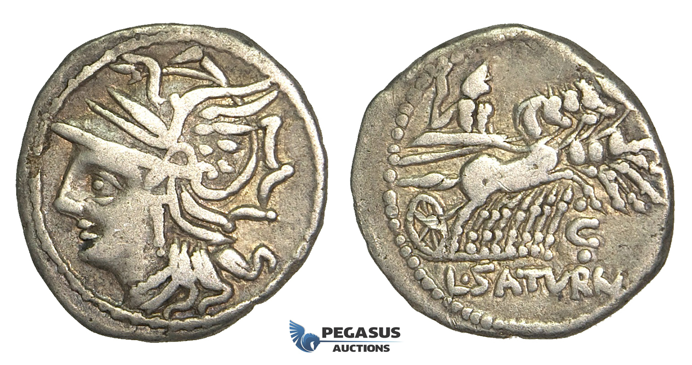 O48, Roman Republic, L. Appuleius Saturninus (104 BC) AR Denarius (3.64g) Rome, Quadriga