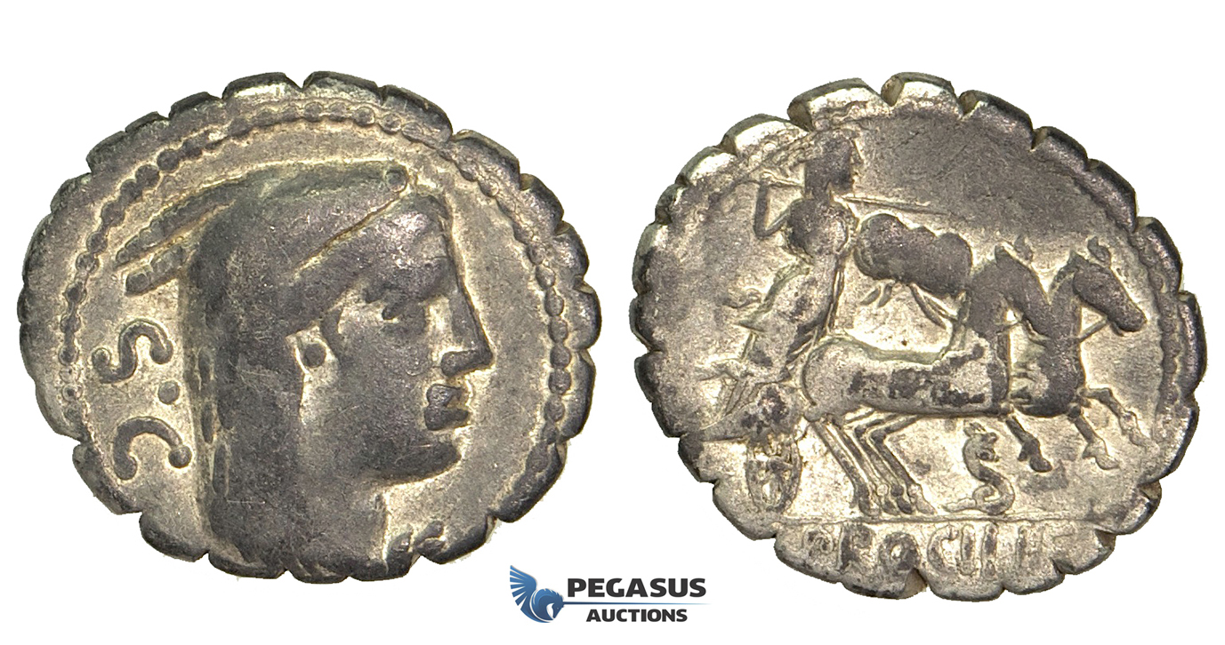 O54, Roman Republic, L. Procilius (80 BC) AR Denarius Serratus (3.83g) Rome, Juno Sospita