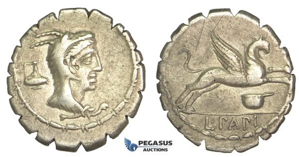 O55, Roman Republic, L. Papius (79 BC) AR Denarius Serratus (3.85g) Rome, Juno Sospita, Rare!