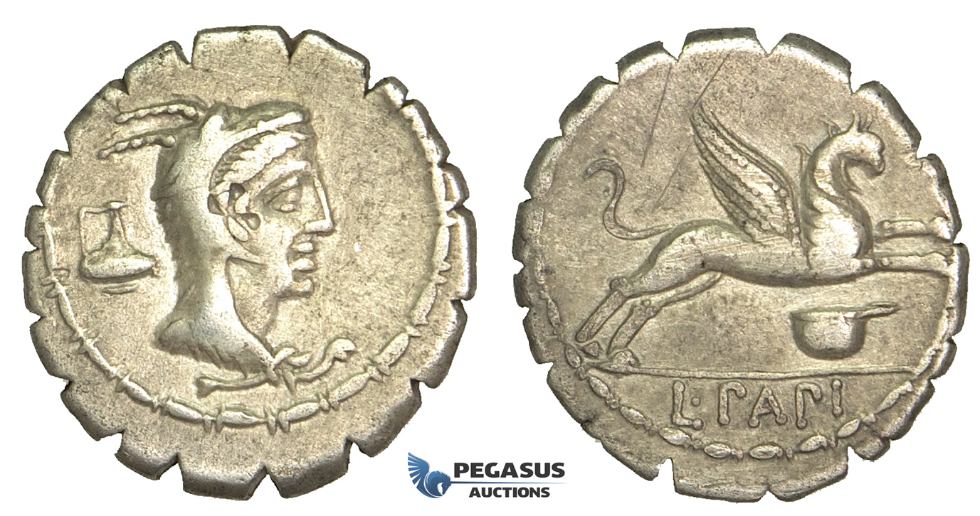 O55, Roman Republic, L. Papius (79 BC) AR Denarius Serratus (3.85g) Rome, Juno Sospita, Rare!