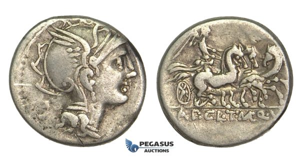 O58, Roman Republic, Appius Claudius Pulcher, T. Manlius Mancius, and Q. Urbinius (111-110 BC) AR Denarius (3.76g) Rome, Triga