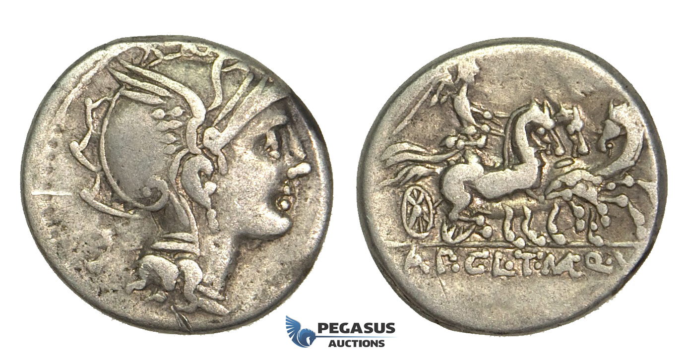 O58, Roman Republic, Appius Claudius Pulcher, T. Manlius Mancius, and Q. Urbinius (111-110 BC) AR Denarius (3.76g) Rome, Triga