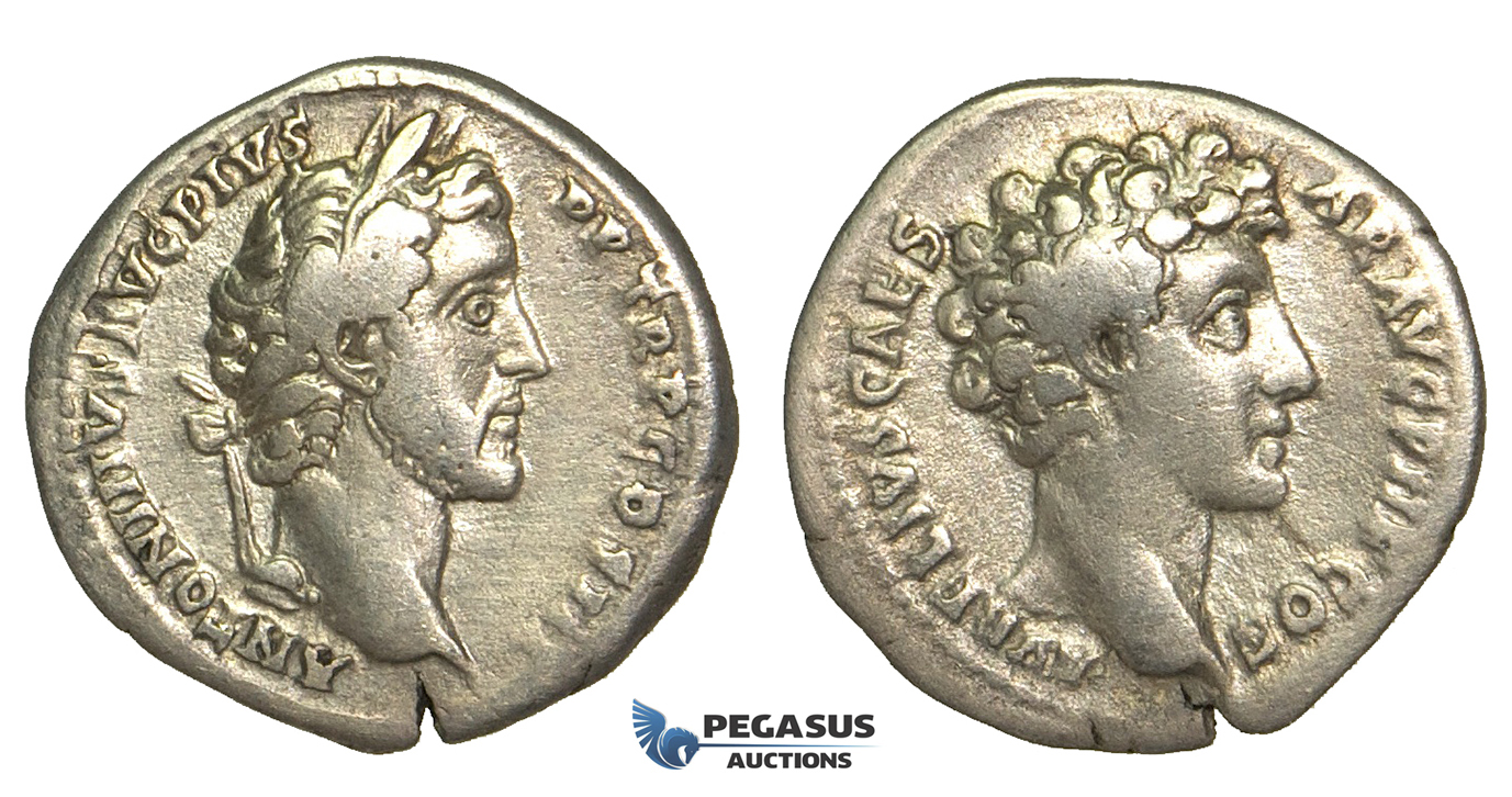 O75, Roman Empire, Antoninus Pius, with Marcus Aurelius as Caesar (138-161 AD) AR Denarius (3.06g) Struck 141 AD, Rome