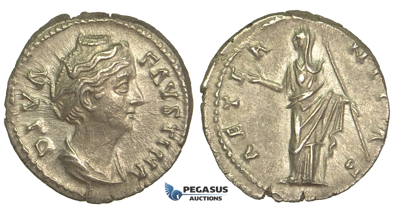 O79, Roman Empire, Diva Faustina Senior. (Died 140/1 AD) AR Denarius (3.16g) Struck 146-161 AD, Rome, Juno
