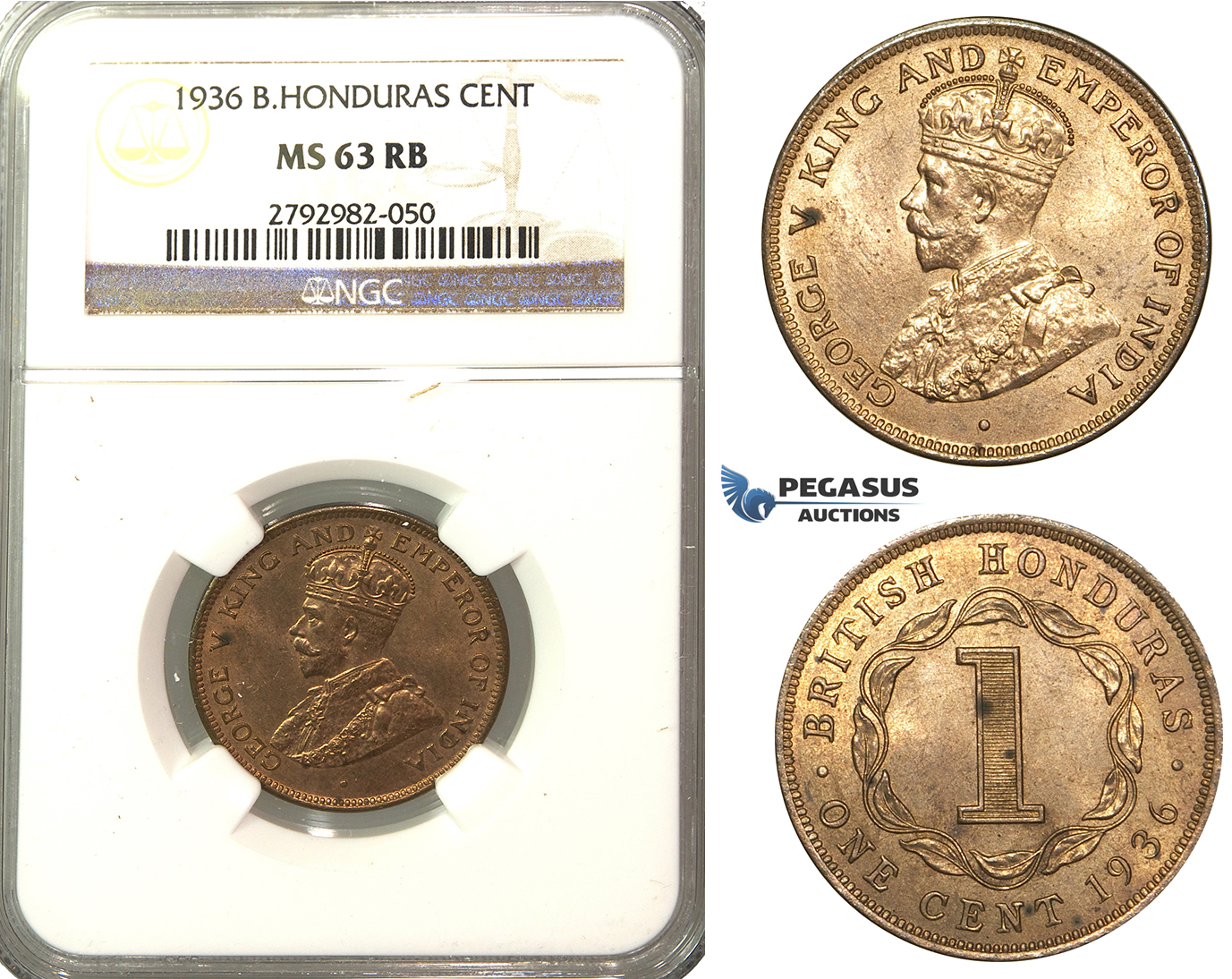 O83, British Honduras, George V, Cent 1936, NGC MS63RB