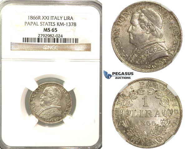 O85, Italy, Papal States, Pius IX, Lira 1866-R (XXI) Rome, Silver, NGC MS65 (Pop 1/2, No finer)