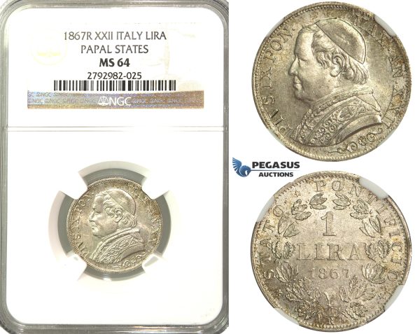 O86, Italy, Papal States, Pius IX, Lira 1867-R (XXII) Rome, Silver, NGC MS64 (Pop 1/2, No finer)