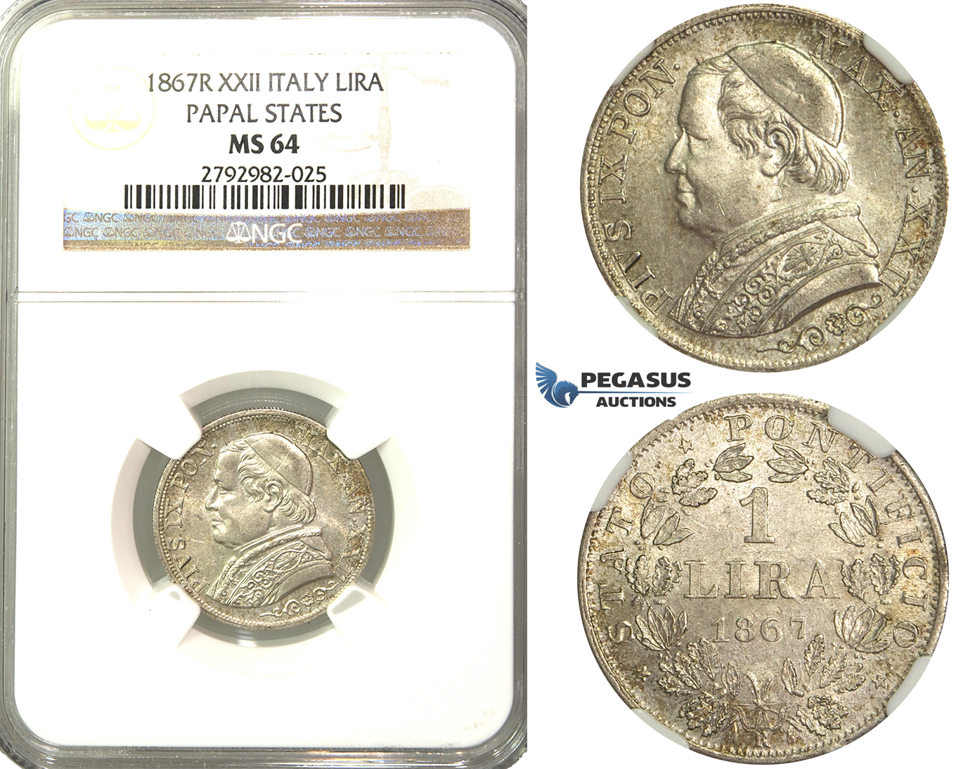 O86, Italy, Papal States, Pius IX, Lira 1867-R (XXII) Rome, Silver, NGC MS64 (Pop 1/2, No finer)