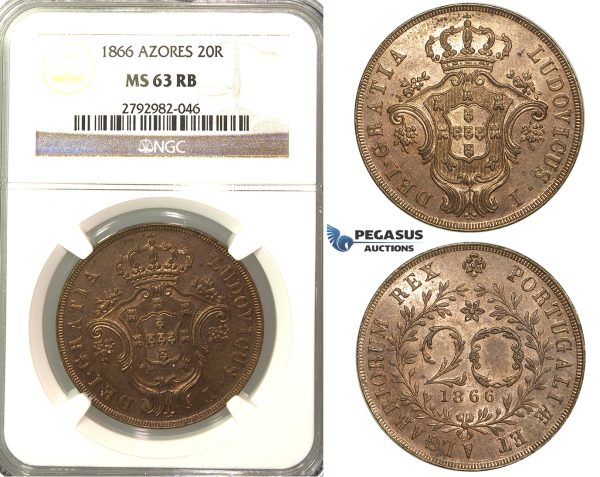 O88, Portugal, Azores, 20 Reis 1866, NGC MS63RB