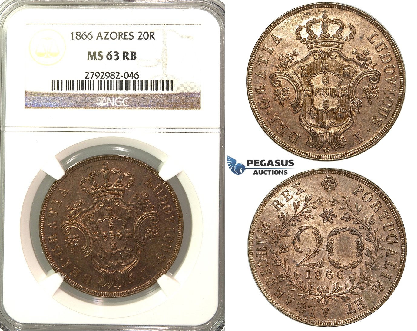 O88, Portugal, Azores, 20 Reis 1866, NGC MS63RB