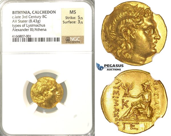 P01, Black Sea Region, Bithynia, Type of Lysimachus (323-281 BC) AV Stater (8.43g) Gold, Calchedon, NGC MS, Very rare so nice!