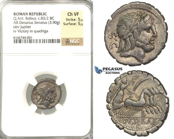 P02, Roman Republic, Q. Antonius Balbus (83-82 BC) AR Denarius Serratus (3.90g) Rome. Quadriga, NGC Ch VF
