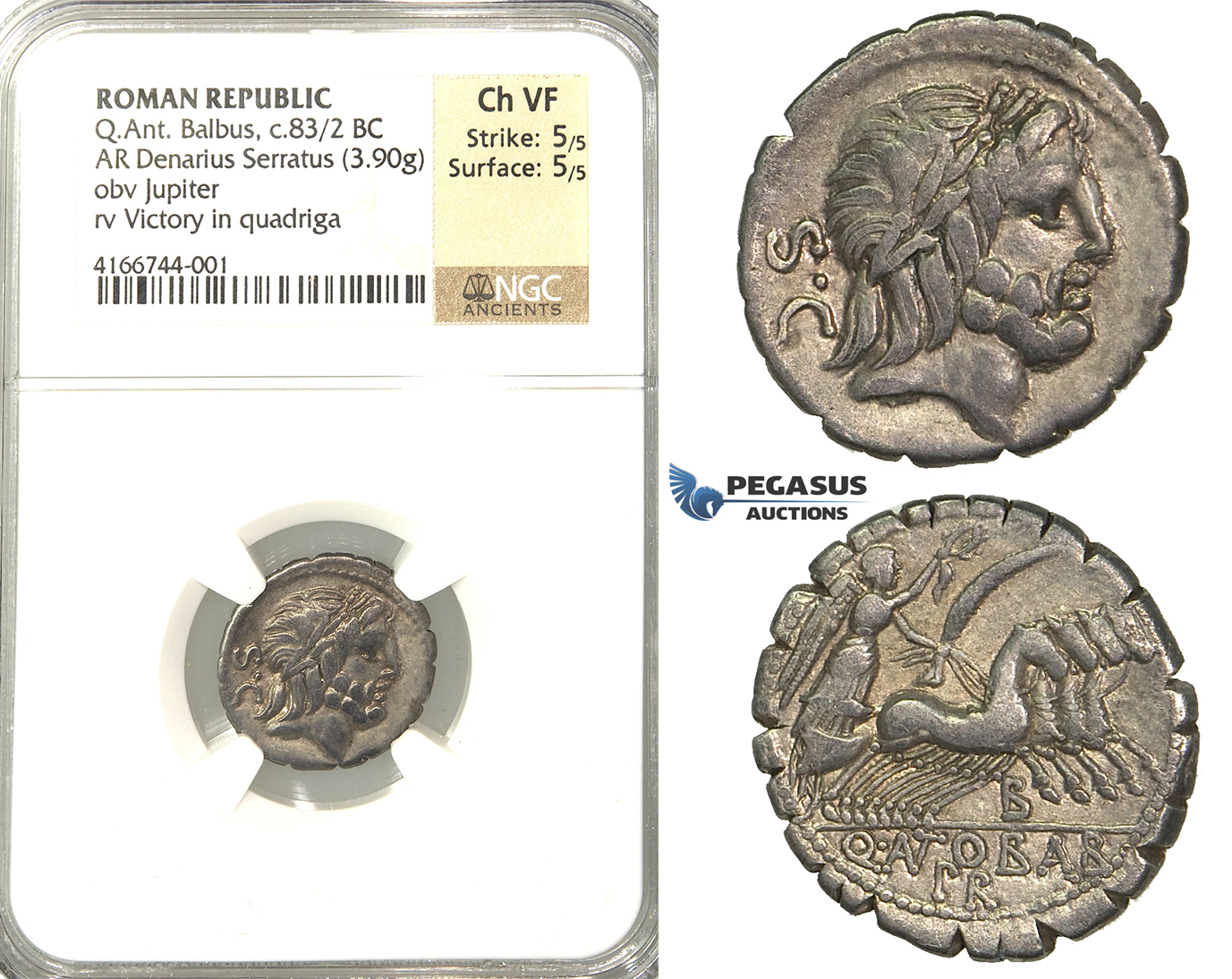 P02, Roman Republic, Q. Antonius Balbus (83-82 BC) AR Denarius Serratus (3.90g) Rome. Quadriga, NGC Ch VF