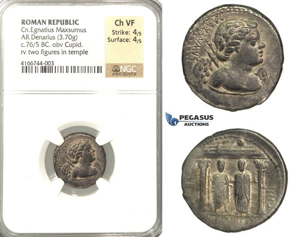 P04, Roman Republic, Cn. Egnatius Maxsumus (76 BC) AR Denarius (3.70g) Rome, Cupid/Temple, Rare! NGC Ch VF