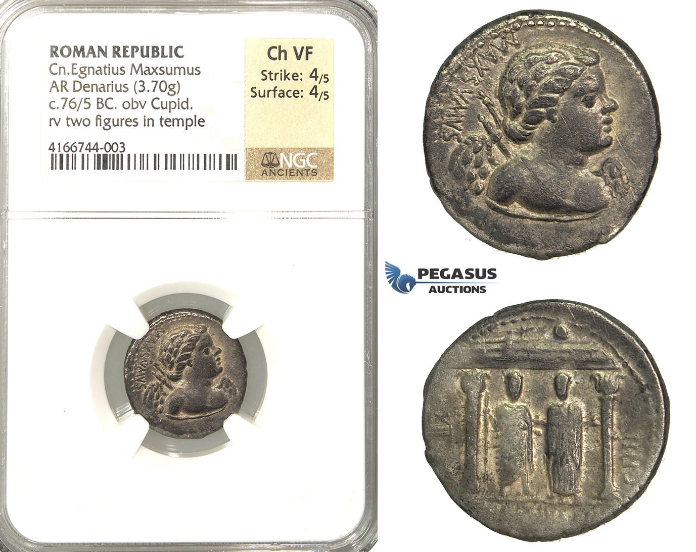 P04, Roman Republic, Cn. Egnatius Maxsumus (76 BC) AR Denarius (3.70g) Rome, Cupid/Temple, Rare! NGC Ch VF