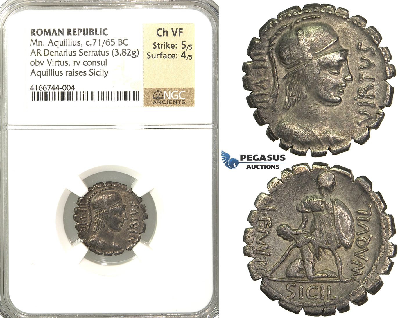 P05, Roman Republic, Mn. Aquillius (ca. 71/65 BC) AR Denarius Serratus (3.82g) Rome, Sicily, NGC Ch VF