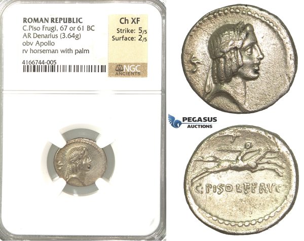 P06, Roman Republic, C. Piso Frugi (67 or 61 BC) AR Denarius (3.64g) Rome, Apollo/Palm, NGC Ch XF