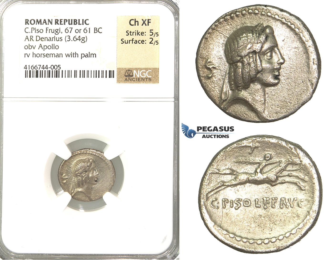 P06, Roman Republic, C. Piso Frugi (67 or 61 BC) AR Denarius (3.64g) Rome, Apollo/Palm, NGC Ch XF
