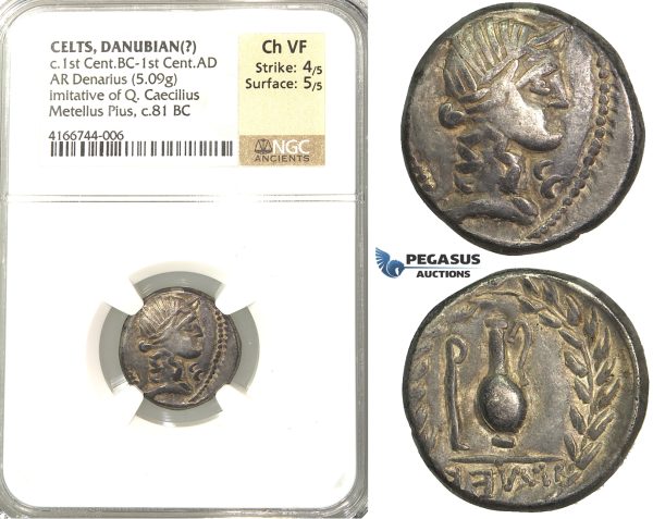 P07, Geto-Dacians?, AR Denarius, Barbaric Imitation of Metellus (5.09g) Dark Patina, NGC Ch VF