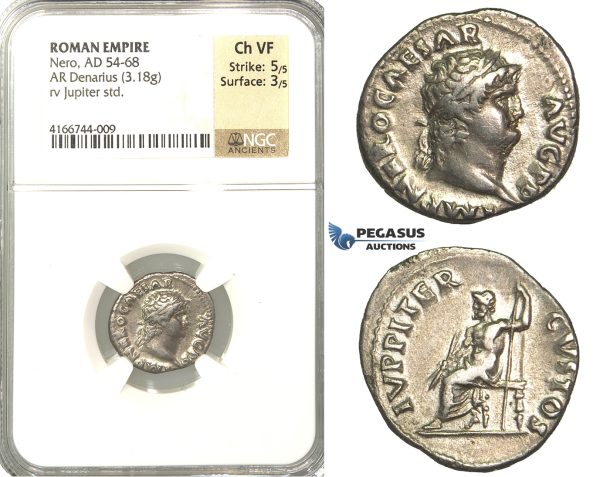 P09, Roman Empire, Nero (54-68 AD) AR Denarius (3.18g) Rome, Jupiter, NGC Ch VF