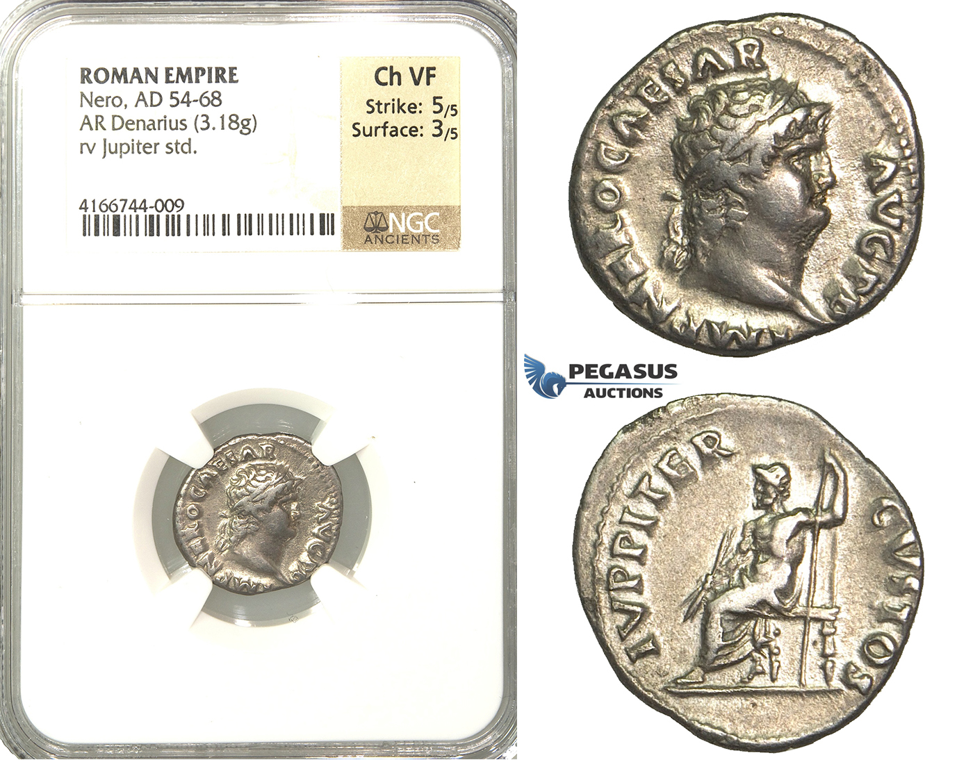 P09, Roman Empire, Nero (54-68 AD) AR Denarius (3.18g) Rome, Jupiter, NGC Ch VF