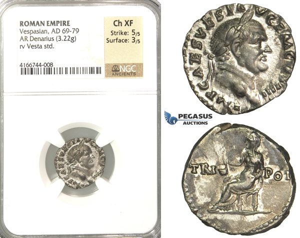 P10, Roman Empire, Vespasian (69-79 AD) AR Denarius (3.22g) Rome, Vesta, NGC Ch XF